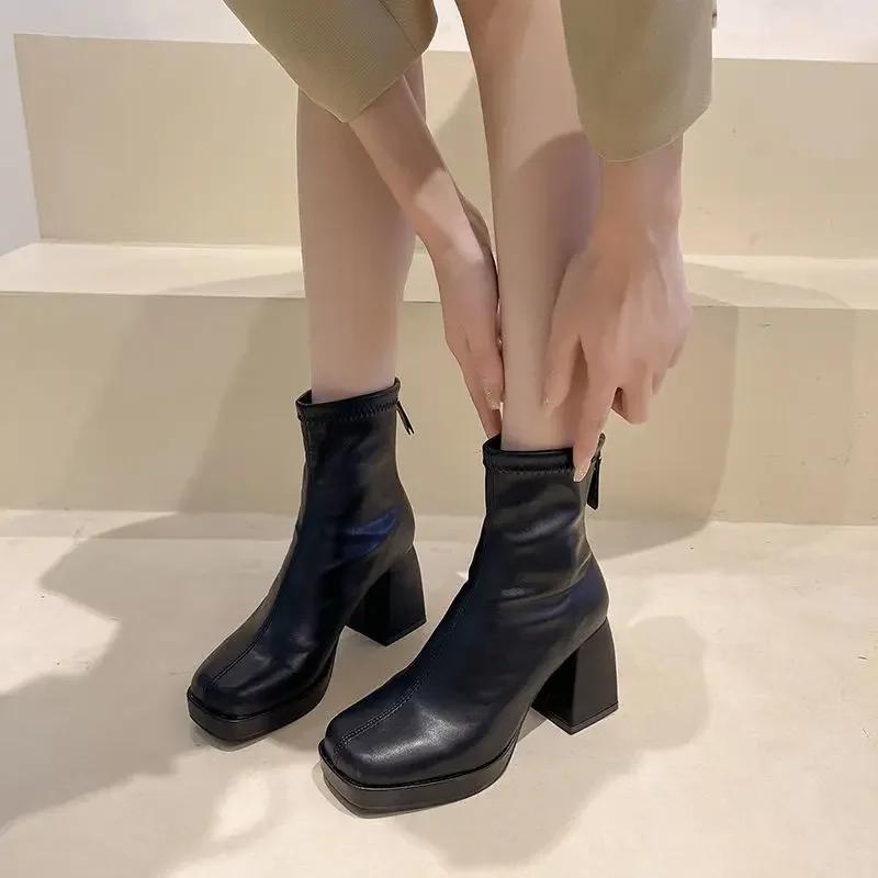 Fashion Ankle Boots for Women Chic and Elegant Woman Short Shoes Waterproof Black Booties High Quality Spring 2024 Autumn Trend Footwear