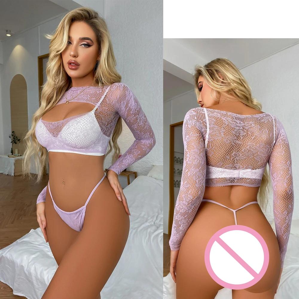 Ladies Fishnet Jumpsuit Costume Sexy Mesh Hollow Out Bodycon Lingerie Set Women Erotic Bodysuits Clothing Female Nightdress