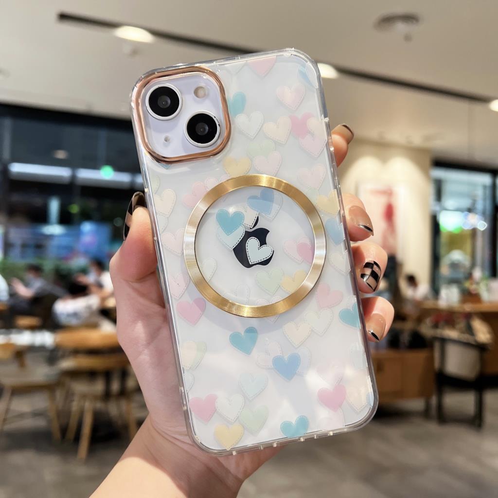

Металлический магнитный чехол для телефона с сердечком любви для iPhone 14 12 13 11 Pro Max, роскошный магнитный магнитный прозрачный чехол с беспроводной зарядкой iPhone 14 Plus