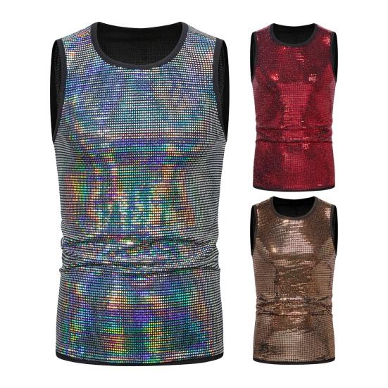 Sommerweste für Herren, metallisch glänzend, Rundhalsausschnitt, ärmellos, schmale Passform, dehnbar, mittlere Länge, Club-Performance, Bühnenshow, Pullover, Tanktop