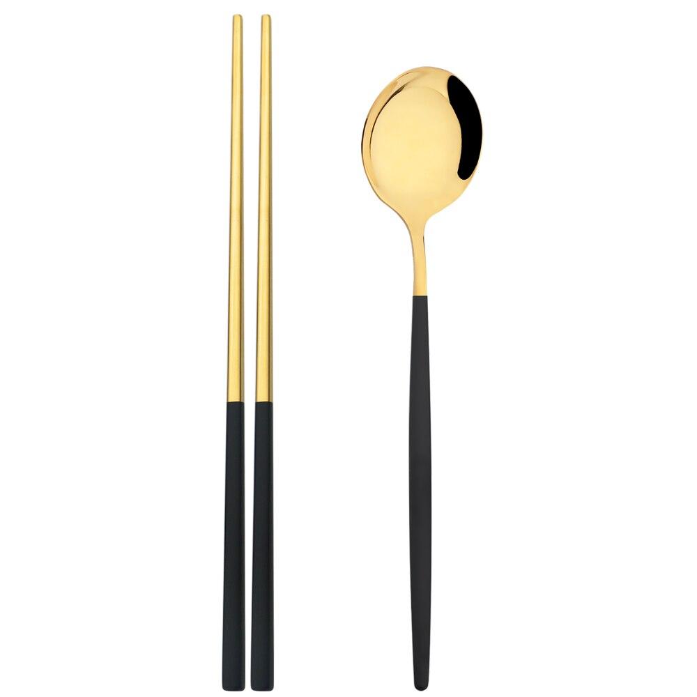 Gold 2Pcs Stainless Steel Tableware Set Mirror Dinner Spoon 304 Chopsticks Cutlery Set Lunch Dinner Set Portable Travel Dinnerware