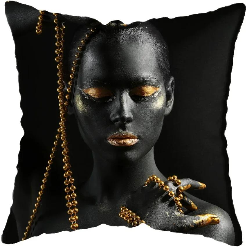 Modern Living Room Black Gold African Lady Woman Style Look Art Deco Sofa Pillowcase Cushion Cover