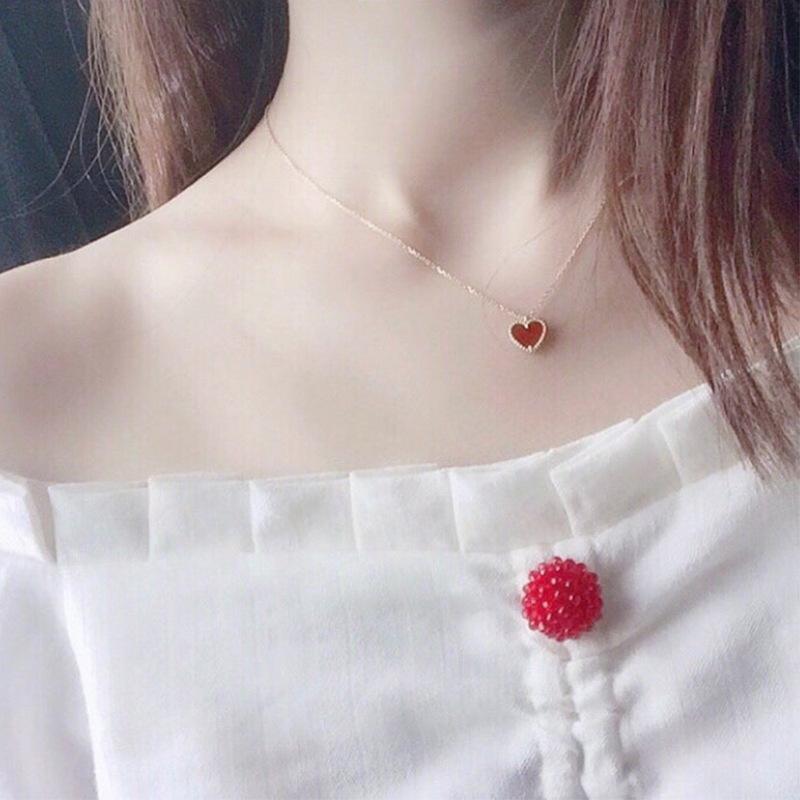 S925 Sterling Silver Red Agate Heart Necklace - Korean & Japanese Style