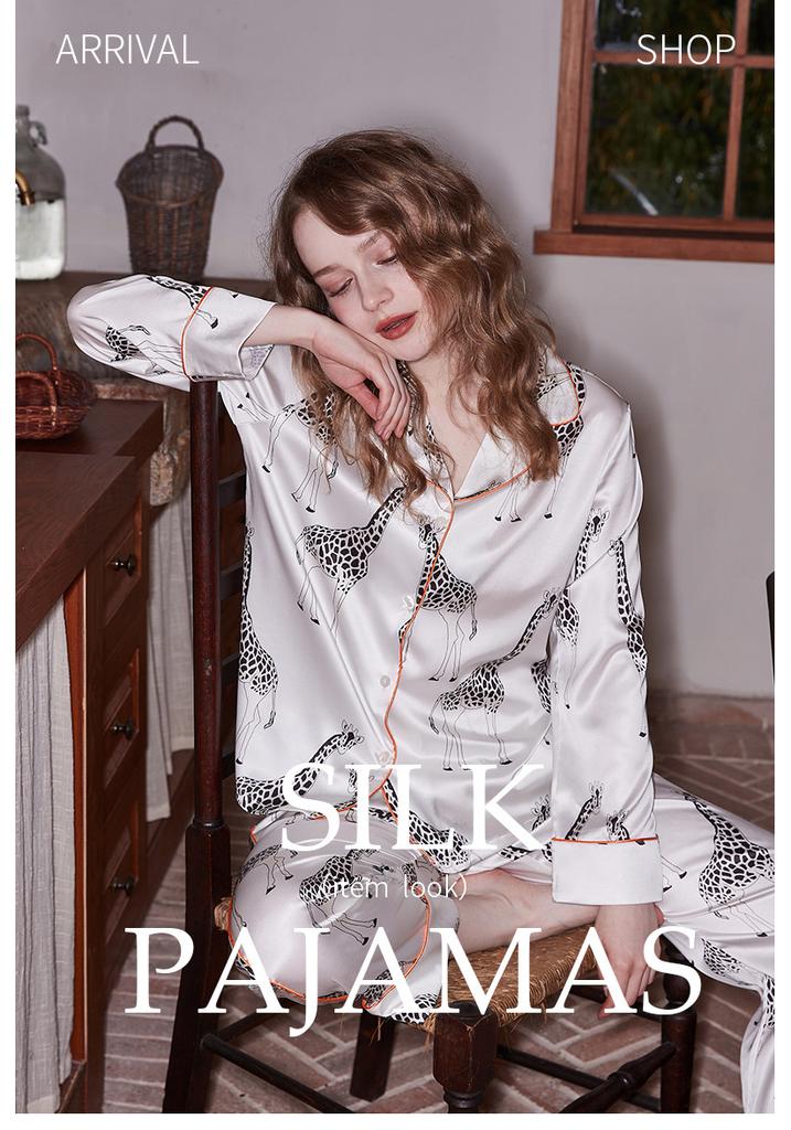 [Giraffe on a white background] Pajamas women's summer ice silk long-sleeved thin women's summer high-end loose loungewear