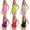 Womens Glossy Wetlook Mini Dress V Neck Front Zip Back Lace Up Built In Briefs Garters