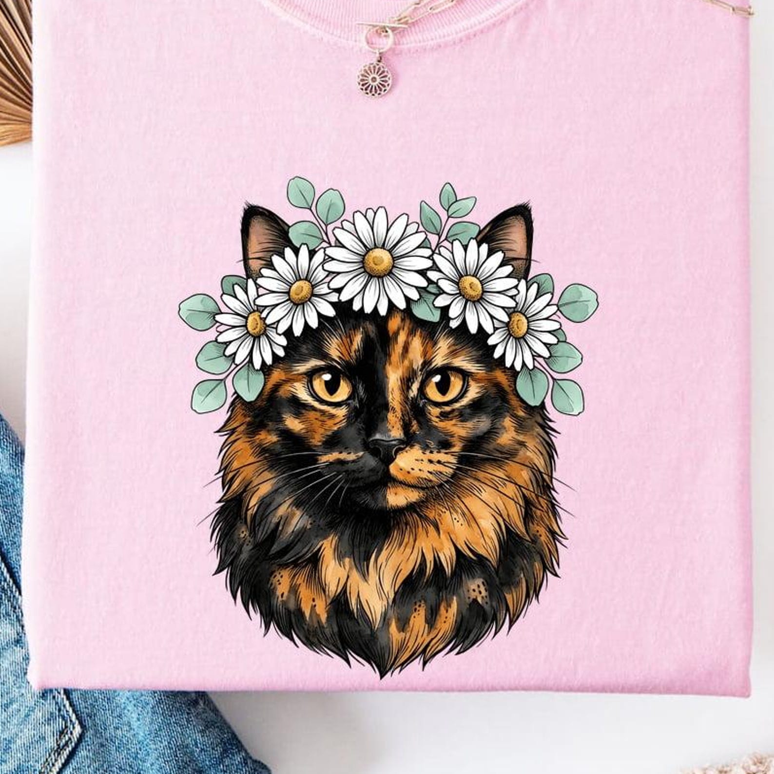 Tortoiseshell Feline Shirt Cat Petals Gift Women Line Art Tee Cat T-Shirt Cat Fan Minimalist Tshirt Floral Graphic Hippie Daisy Wreath 3XL
