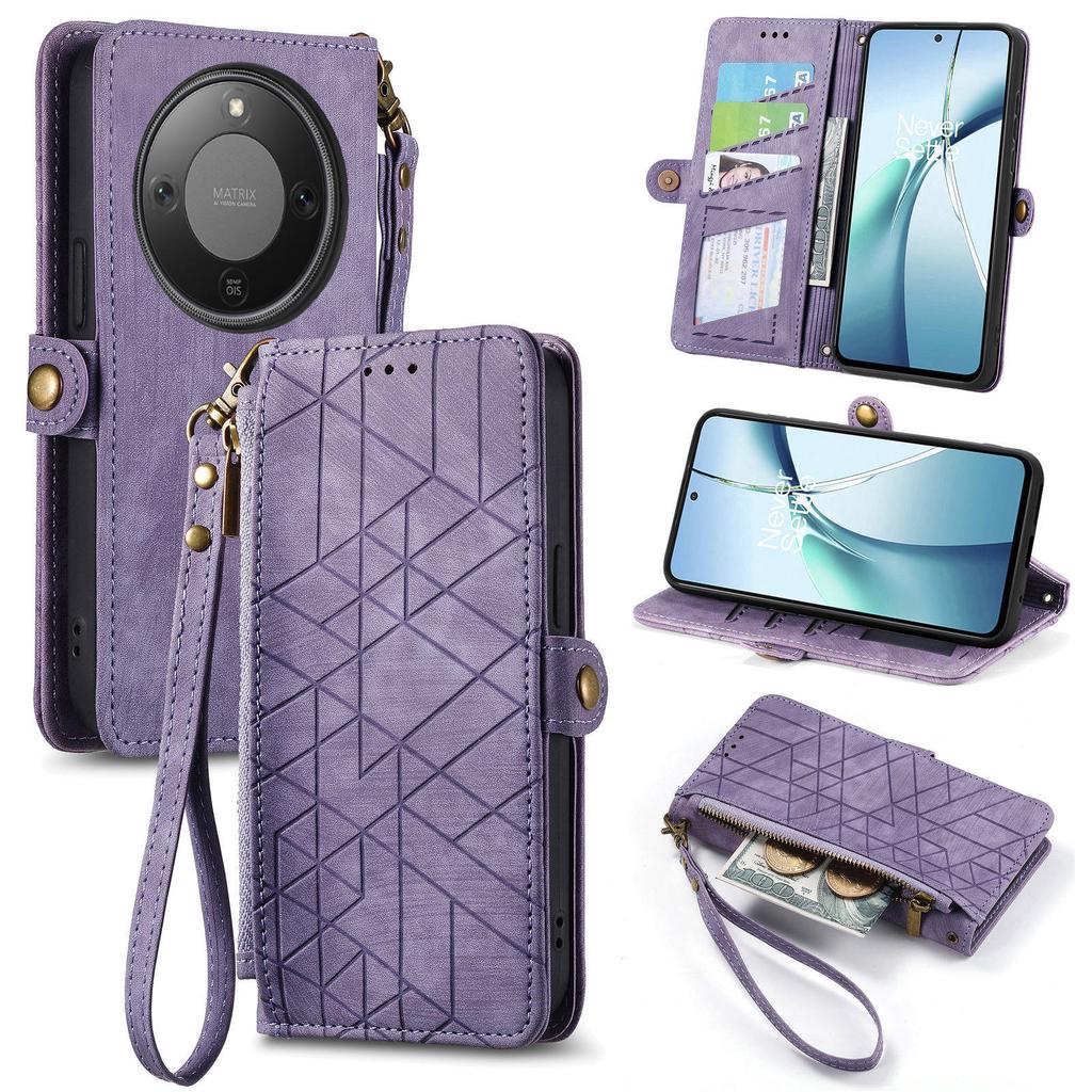 Etui For Honor Magic8 Lite 5G/X9d 5G/X70 5G Portfel na zamek Błyskawiczny Geometryczne Linie Skórzana Osłona Telefonu z Paskiem