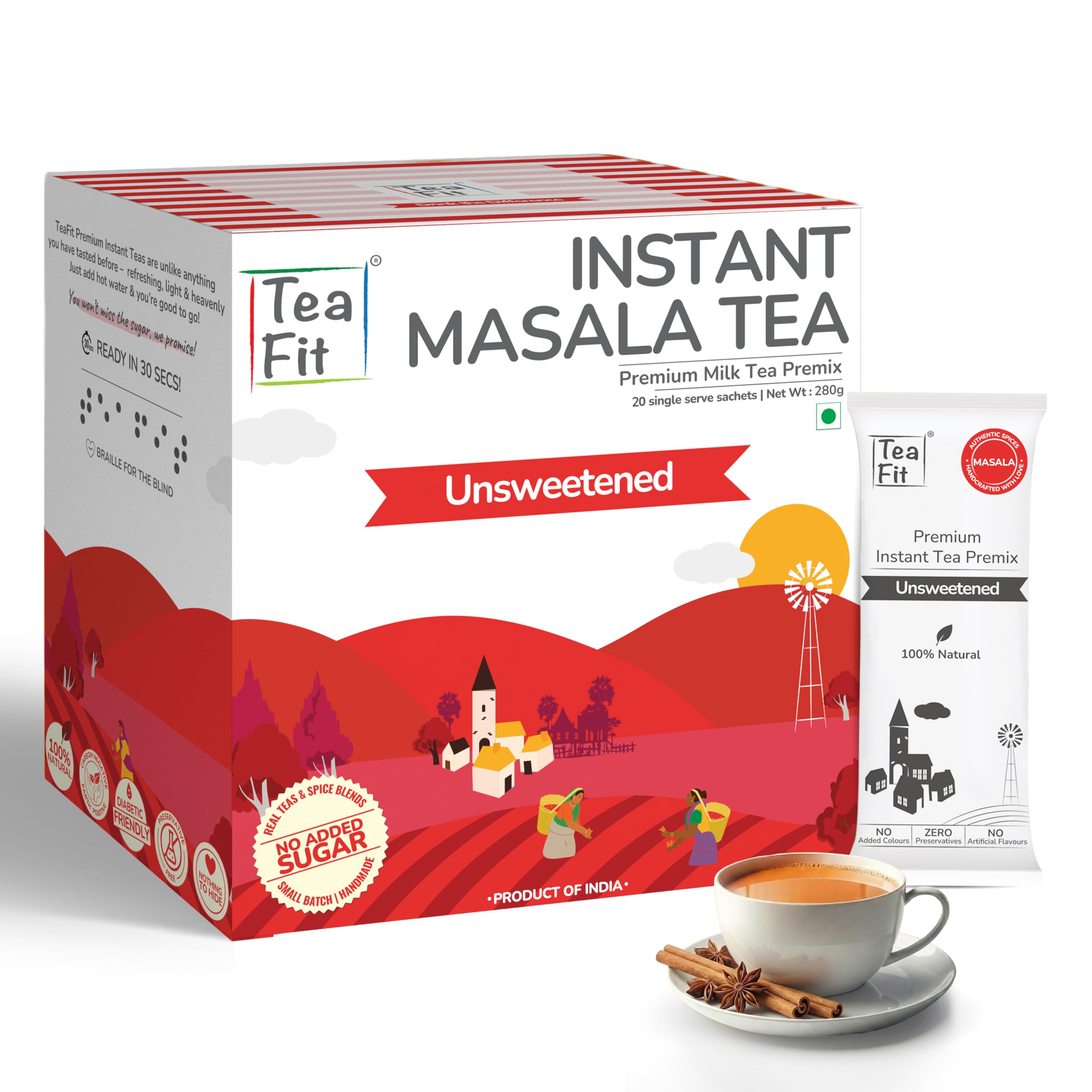 

TeaFit Premium NO SUGAR Instant Masala Tea Premix | Pack of 20 Sachets (280gm) | Real Milk & Spices | Strong, Home Style Masala Chai | Milk Tea Pre