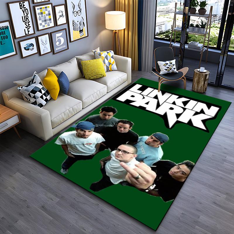 Rock Music Area Rug, Linkin Park Green Background Band Group Photo Logo Print, Music Fan Room Decor, Non-Slip Mat