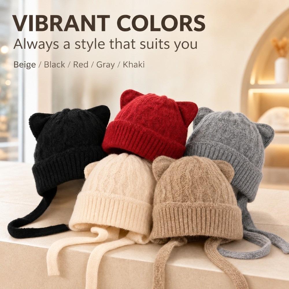Warm Knitted Cat Ear Knit Hat Windproof Head Cover Korean Style Soft Beanie Winter Commuting