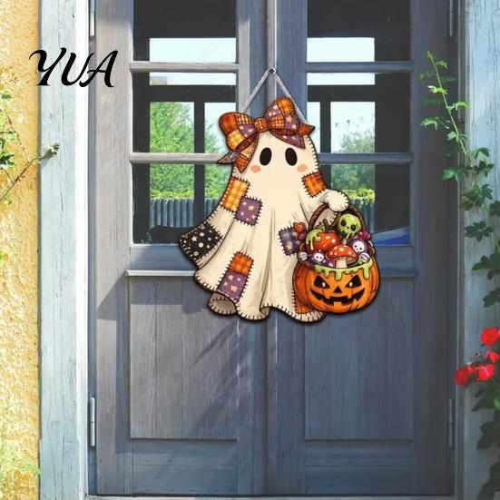 Home Wall Embellishment Halloween Cute Bow Ghost Door Sign, Wooden Patchwork Hanging Plaque with Pumpkin Candy Basket, Retro Pendant Lanyard for Front