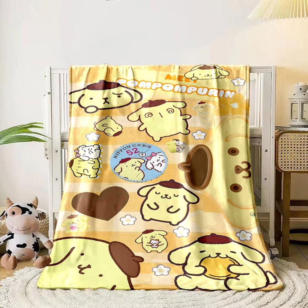 Yellow cartoon dog with brown beret surrounded by hearts and flowers. for all seasons blanket lunch break throw gift