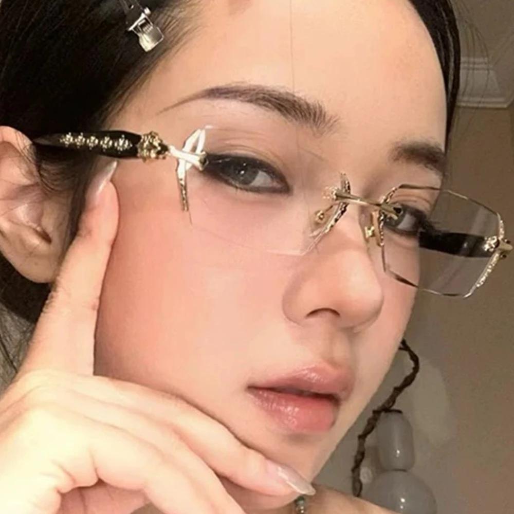 Square Rimless Glasses Women Men Fashion Metal Carving Anti-Blue Light Eyeglasses Vintage Square Frame Optical Reading Eyewear