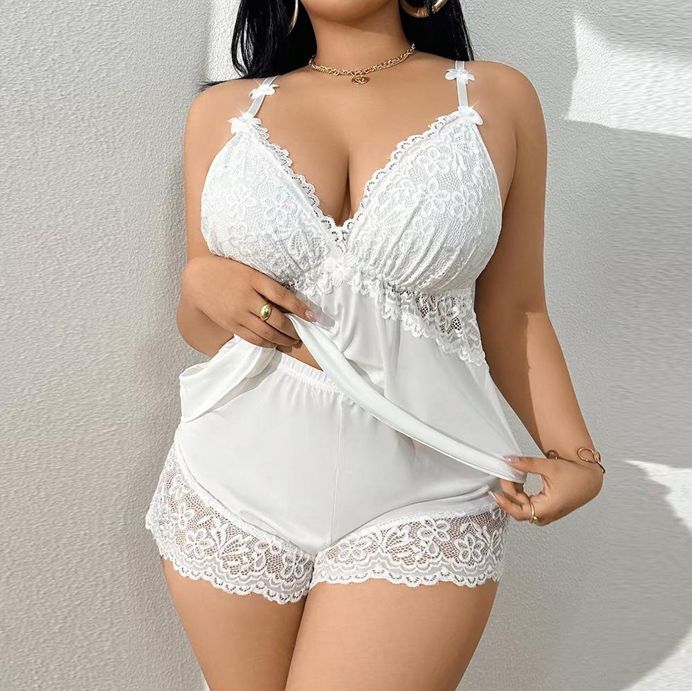 Large size lace sexy pajamas two-piece set sexy suspender shorts set pure loungewear