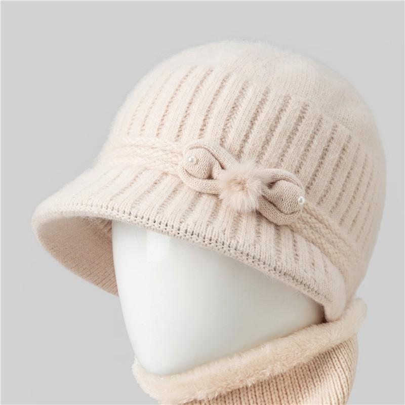 Warm Knitted Beanie Hat Women Seniors Winter Soft Rabbit Hair Cap With Wide Brim Adjustable Fit