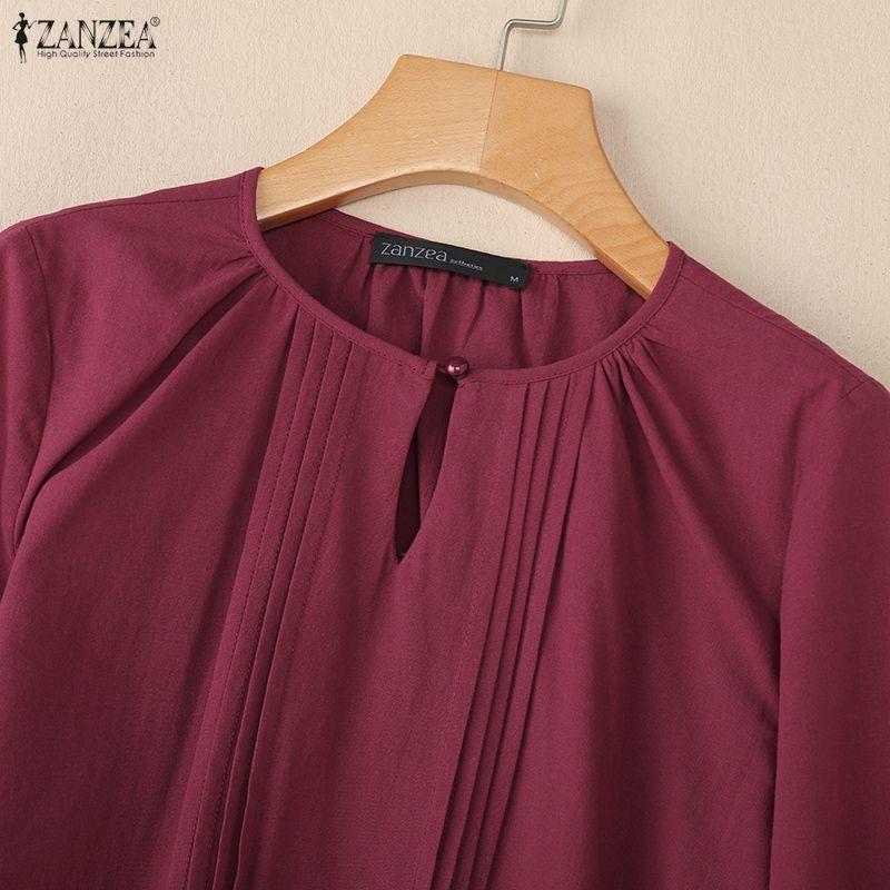ZANZEA Women Casual Round Neck 3/4 Sleeve Loose Cotton Blouse