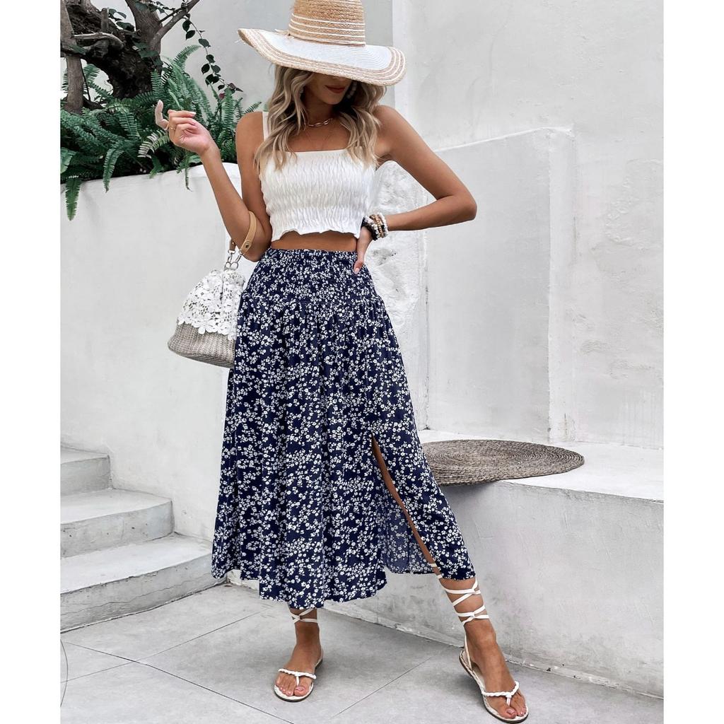 Summer Blue Floral Print Midi Skirt, Casual Fresh Vacation Skirt For Women, European American Style Crossbody Skirt