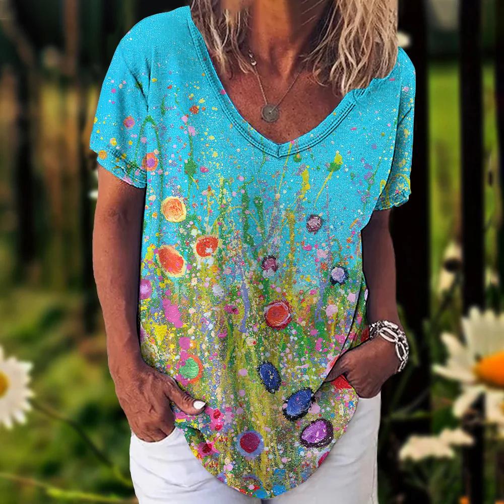 Fashion Women's T-shirt 3D Floral Print Tops Tees V Neck Short Sleeves Female Clothes Summer Large Size T Shirt Woman Clothing