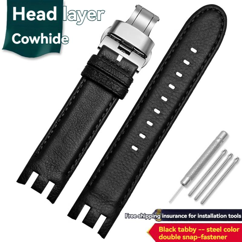 Pulsera de Interfaz Curva Dedicada de 21 mm para Reloj Swatch Correa de Cuero de Vaca para Hombre YRS403 YRS412 YRS402g Correa de Piel de Ternero con Herramientas