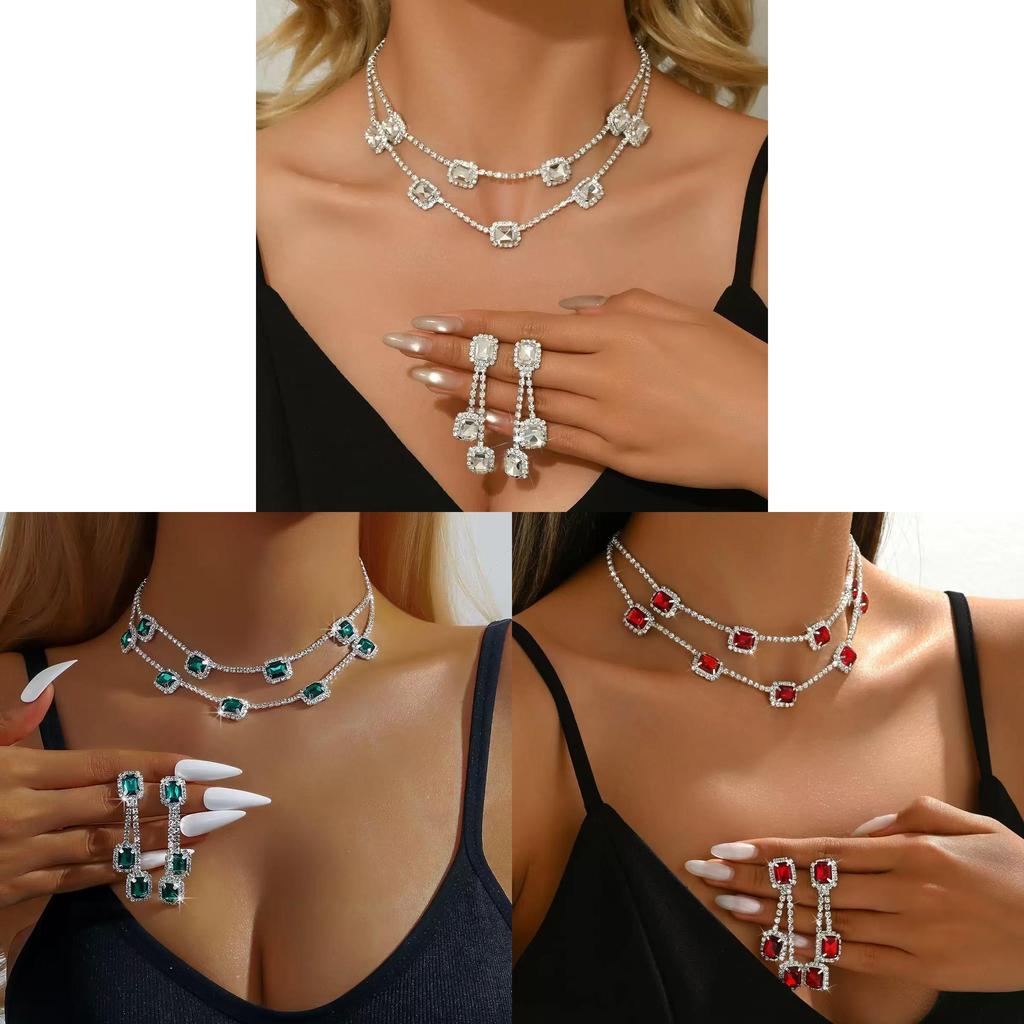 Geometric Double Layer Collar Necklace With Water Diamond Pendant For Women