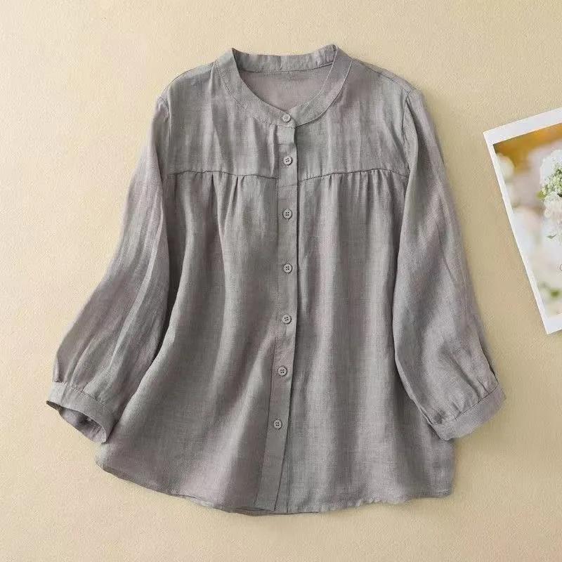 Minimalistisch Elegantes 3/4-Ärmel Stehkragen Hemd Damen Vielseitig Locker Schlankmachend Lässig Strickjacke Top