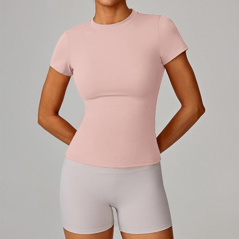 

Women s Quick-Dry Solid Color Yoga Top - Slim Fit, Moisture-Wicking, Short Sleeve Medium