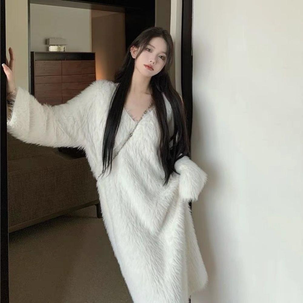 Autumn and Winter New Imitation Mink Velvet Loose Over The Knee Long Hair Skirt Women's Large Size Pajamas Dress