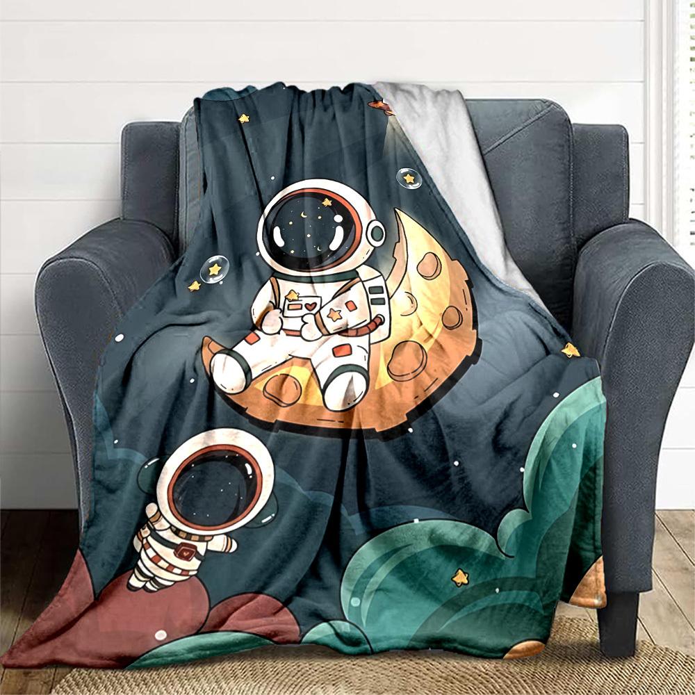 1pc Astronaut Moon Lightweight Flannel Blanket, Comfortable and Warm Blanket, for Office and Camping Sofa Bed, Livingroom047