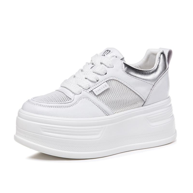 Leather little white shoes women's new single-mesh breathable thick-soled heightening sports and leisure shoes versatile muffin board shoes