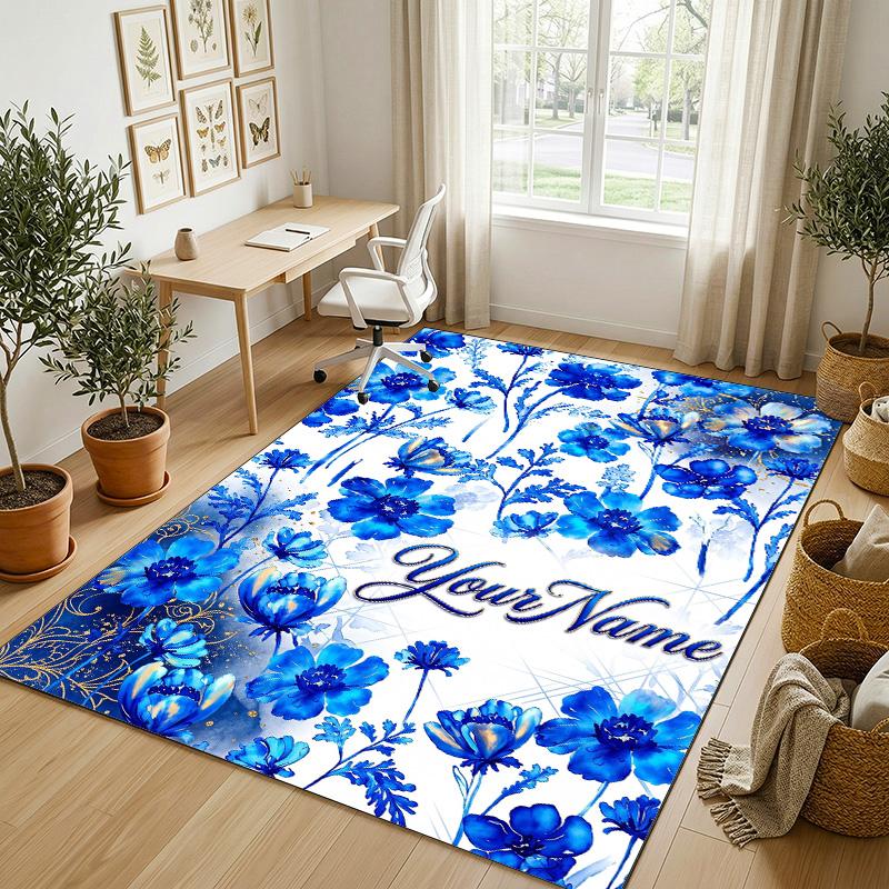 Blue Floral Elegance Theme Soft Crystal Velvet Rug Custom Name & Text Print Non Slip Floor Rug for Bedroom Living Room