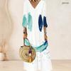 Women Plus Size V Neck Three Quarter Sleeve White Blue Abstract Printed Maxi Dress