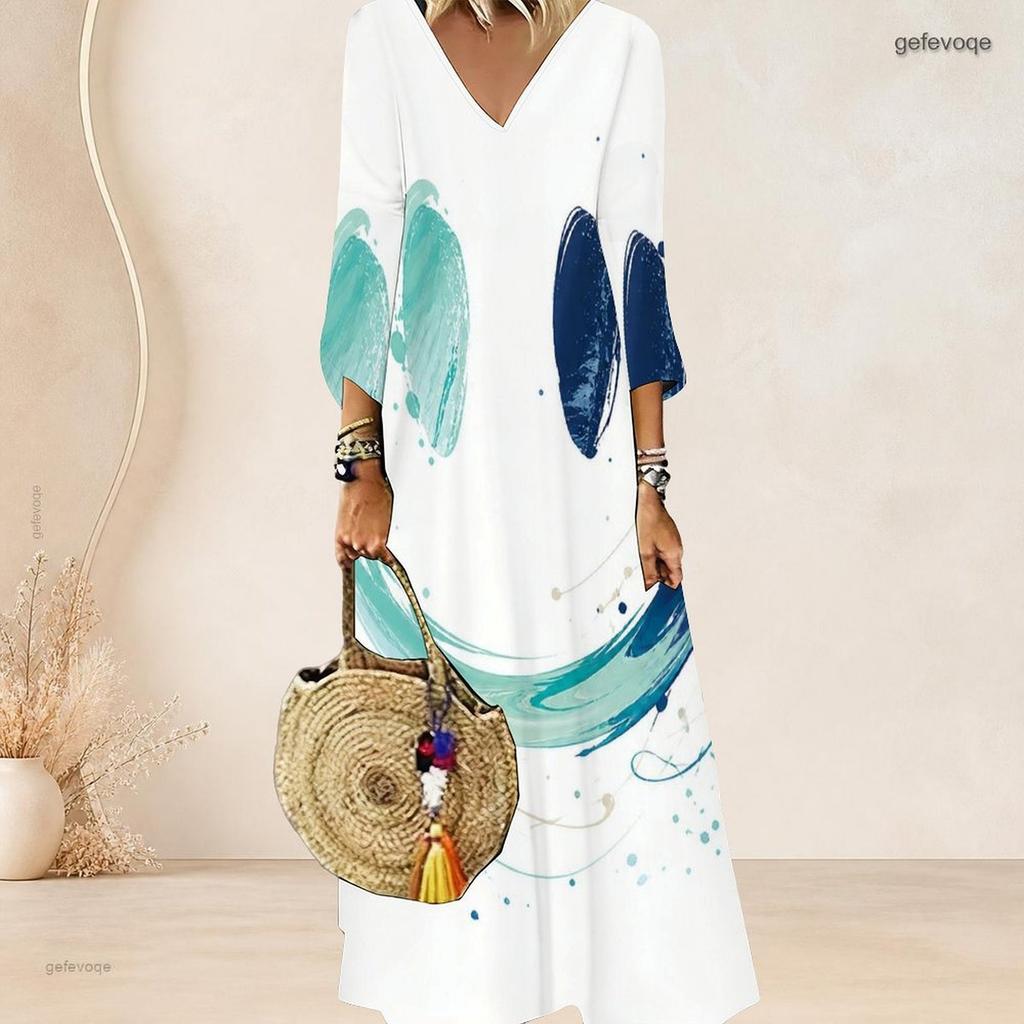 Women Plus Size V Neck Three Quarter Sleeve White Blue Abstract Printed Maxi Dress