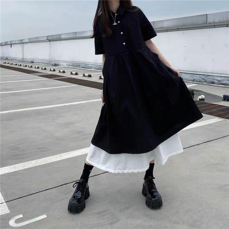 Women s Plus Size Faux Two-Piece Summer Dress with Unique Collar L (80-100 jin)