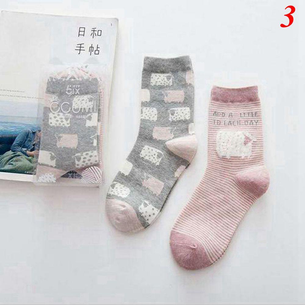 2Pairs Women Cute Casual Creative Hosiery Cotton Lovers Socks Cartoon Printed