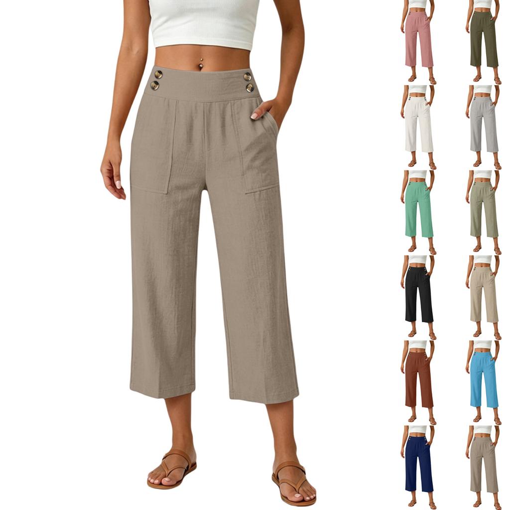 Women's Loose Fit Solid Color Straight Leg Elastic Waist Beach Capris Casual Pants with Button Detail and Side Pockets