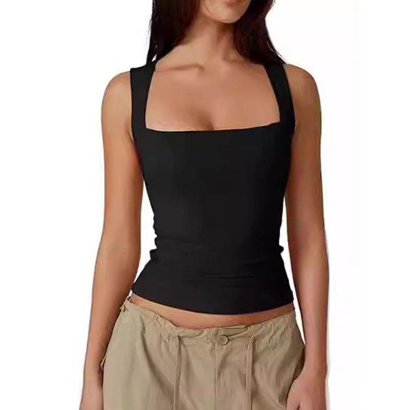 Solid Color Square Neck Sleeveless Top Solid Color Square Collar Slim Fit Sleeveless Top Female