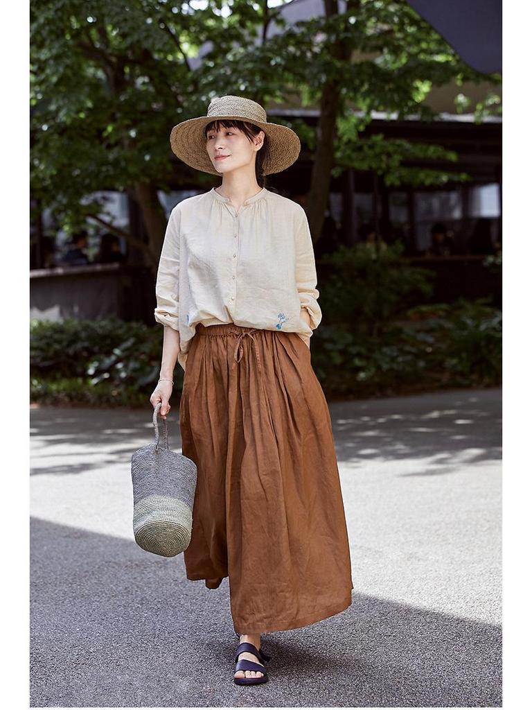 Women's Retro Cotton-Linen Elastic Waist Pleated Skirt - Summer 2023