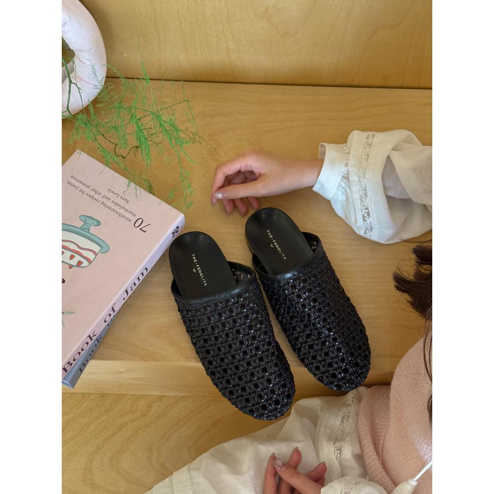 2025 New Summer French-style Woven Slippers Women's Summer Black Thin Bag Head Empty Shoes