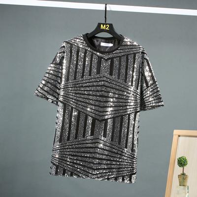 Summer Vertical Stripe Shiny Sequin Hip Hop Punk Rock Short Sleeve T Shirt Men High Street Casual Vintage Tops