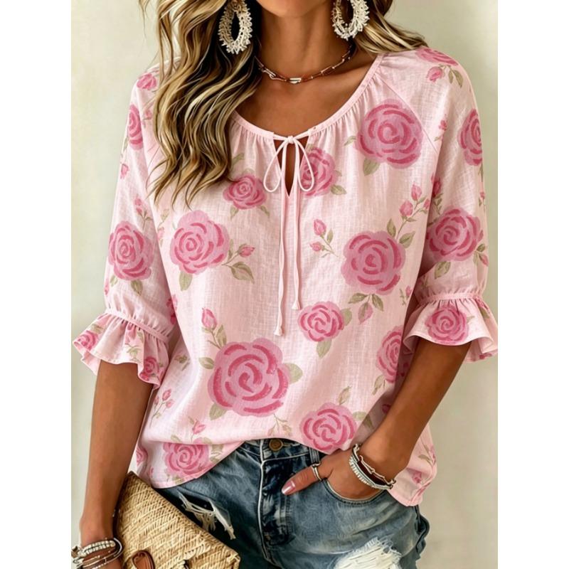Retro Fashion Half Sleeve Loose Blouse, Textured 3D Print Decoration, Figure-Friendly Comfortable Summer New Style