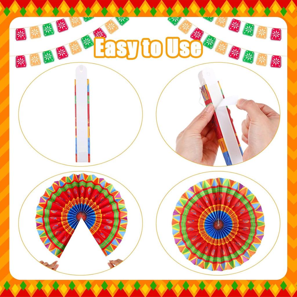 Outus 9 Pcs Mexican Fiesta Hanging Paper Fans Decorations Fiesta Party Supplies Cinco De Mayo Ceiling Wall Decor for Taco Tuesday Event Decor Luau