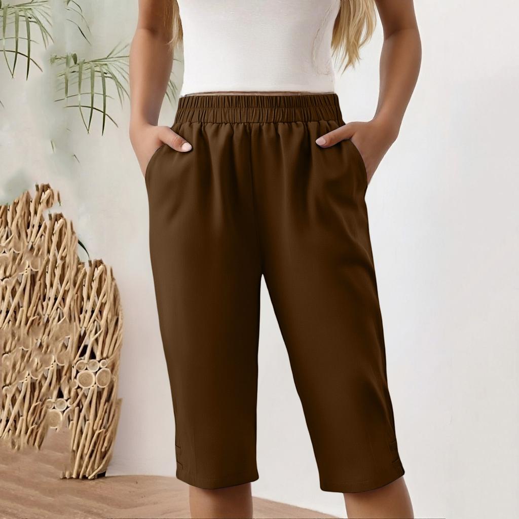 Women's Fashion Color Loose Pocket Elastic Waist Cotton Linen Casual Five Pants