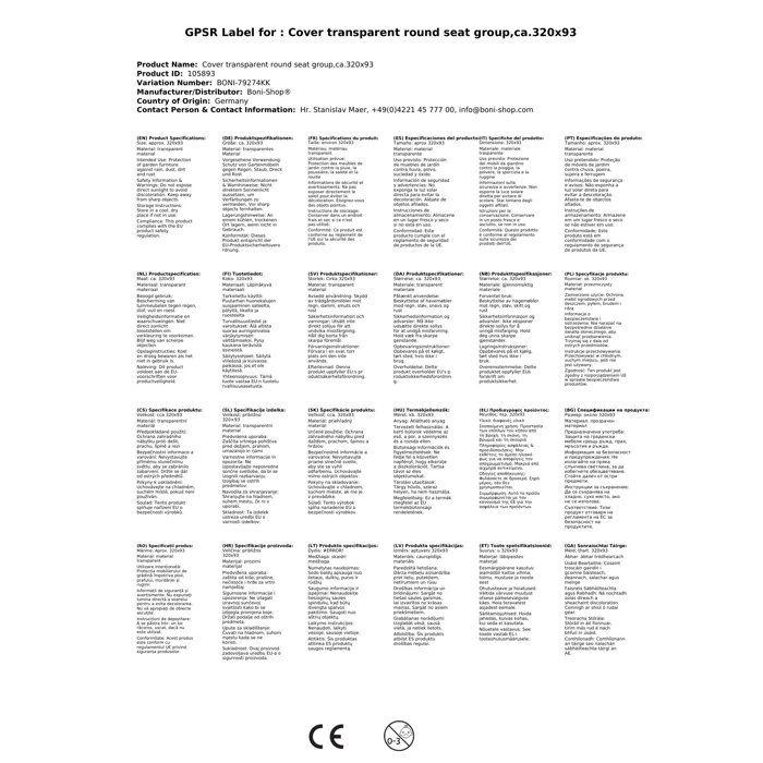 Transparent Protective Cover for Round Seat Set, Approx. 320x93