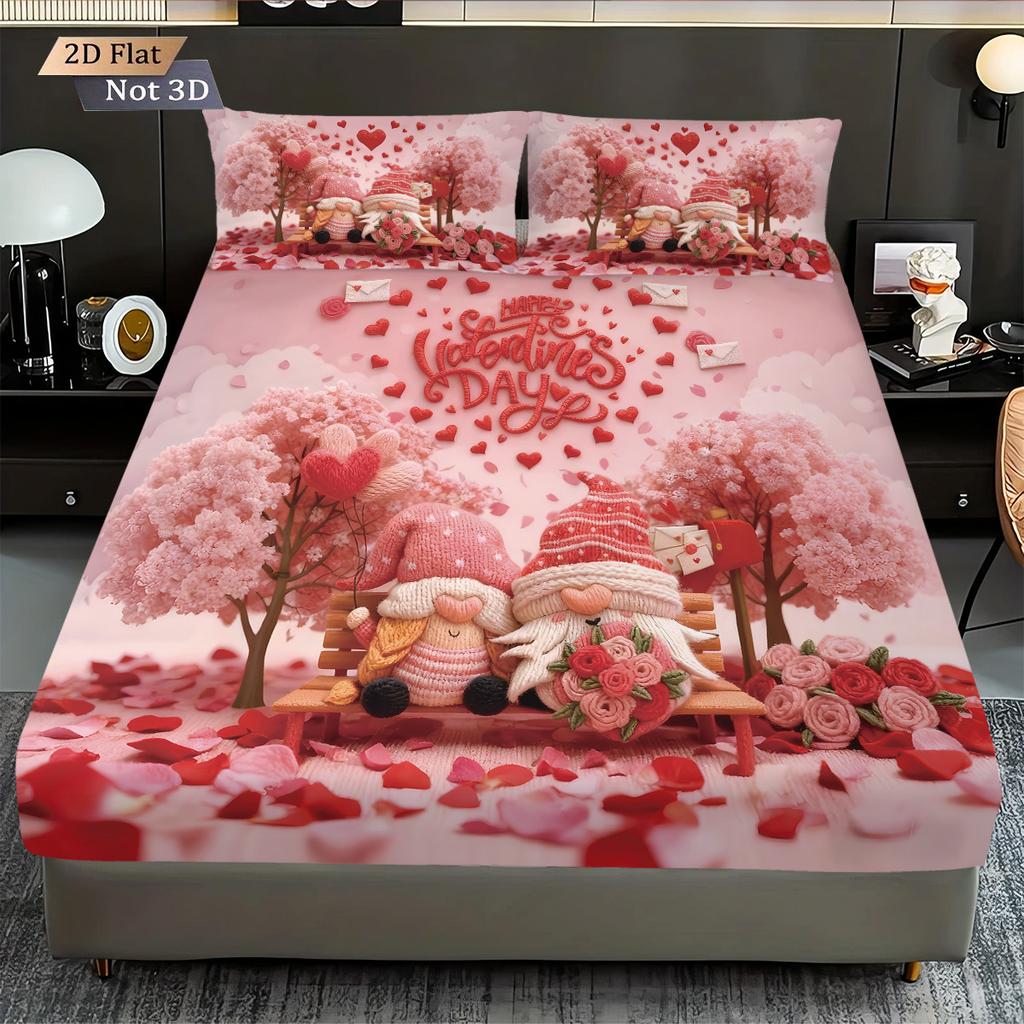 3pcs Valentine's Day Romantic Pink Love Gnome Print Coreless Bed Sheet Set Multi Size Bedroom Bedcover Holiday Decoration