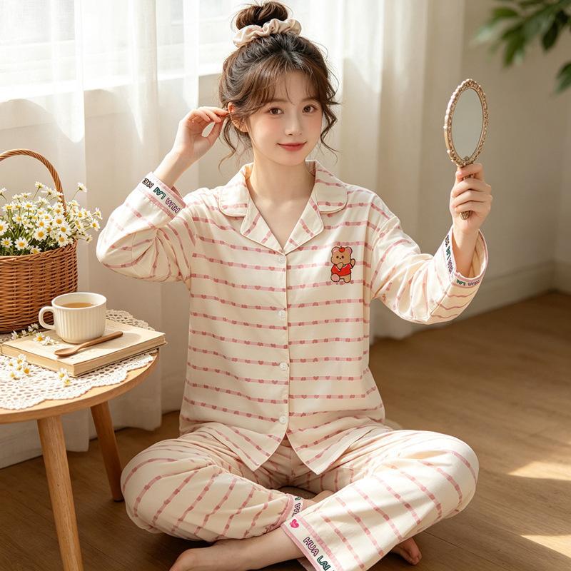 Natal year pajamas women's spring and autumn new imitation cotton long-sleeved red cute cartoon loungewear two-piece set