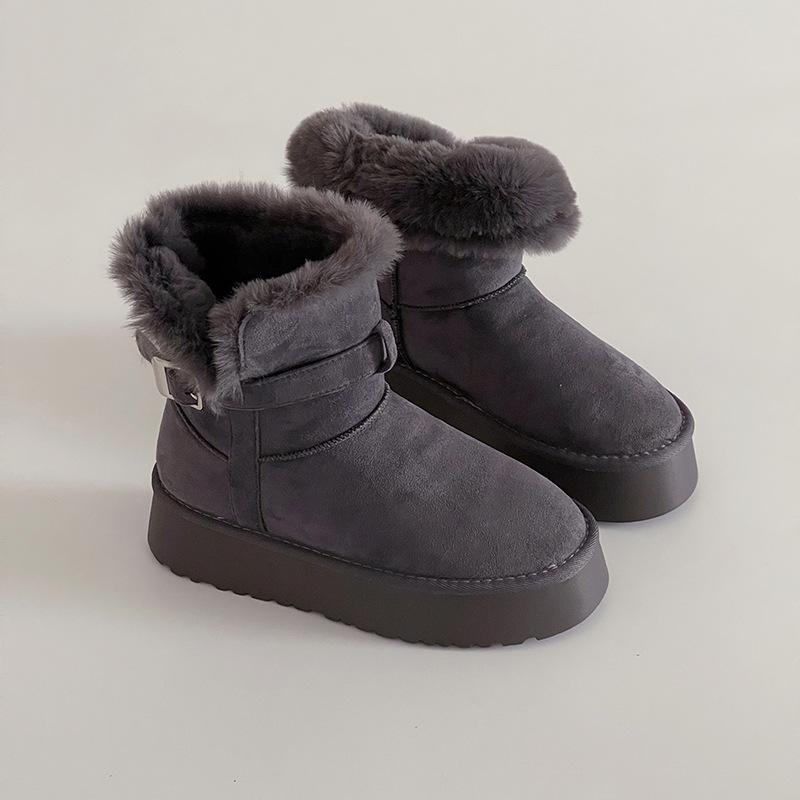 Retro Style Belt Buckle Flat-bottomed Snow Boots Women's Winter Fashion Korean Version Simple Suede Velvet Outer Wear Warm Cotton Shoes