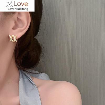 Design Sense X -Shaped Cross Inlaid Zircon Gold Color Stud Earrings Ewelry Party Luxury Accessories For Women 'S Earring