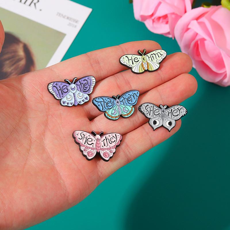 Unique Colorful Butterfly Shape Metal Badge Brooch Gender Pronoun Pin For Accessories