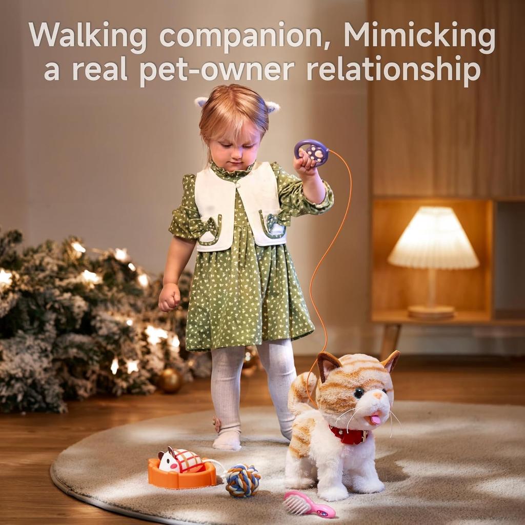 OR OR TU Walking Talking Toy Cat with Remote Control Leash, Plush Pet Electronic Interactive Toys for Kids, Wag Tail, Singing, Pretend Dress Up