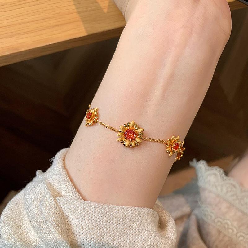 Inlay Diamonds Brushed Daisies Embellished Orange Gemstones Earrings for Women Necklaces Bracelets Layered Vintage Jewelry Sets